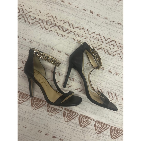 Jessica Simpson Black Heels Gold Chain Ankle Strap Stiletto Evening Party size 7 - Picture 1 of 5
